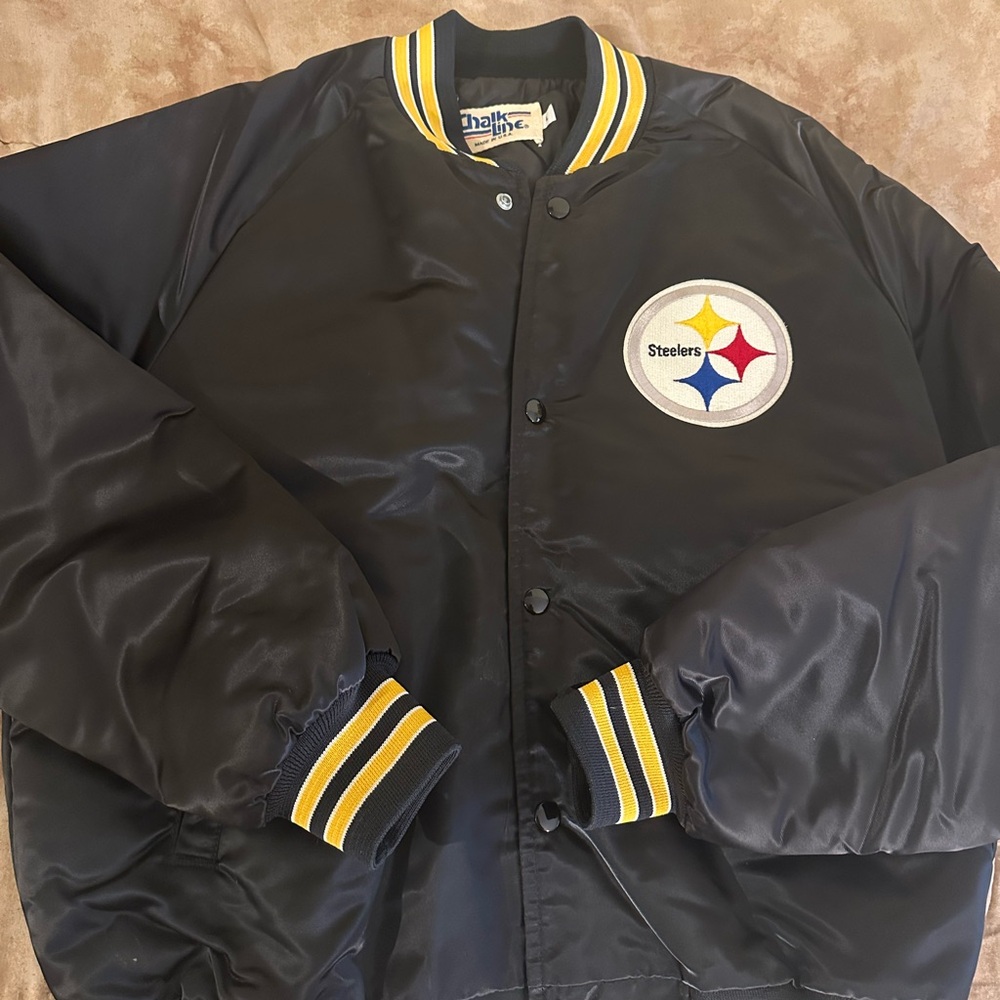Vintage Pittsburgh Steelers Chalk Line Men's Black Bomber Jacket Gold Accents